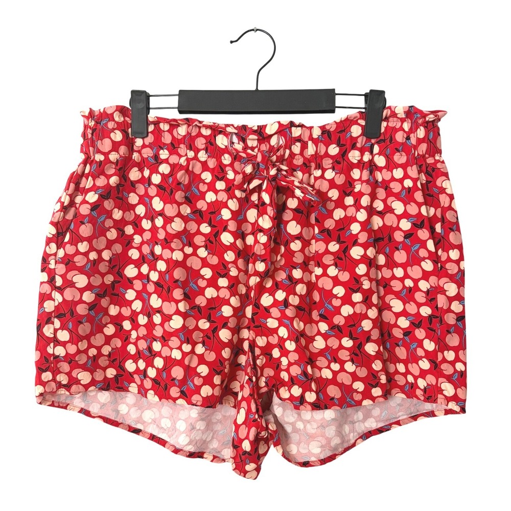 LOFT Red Fruit Print Paperbag Waist Shorts Peach Cherry Pull On LARGE